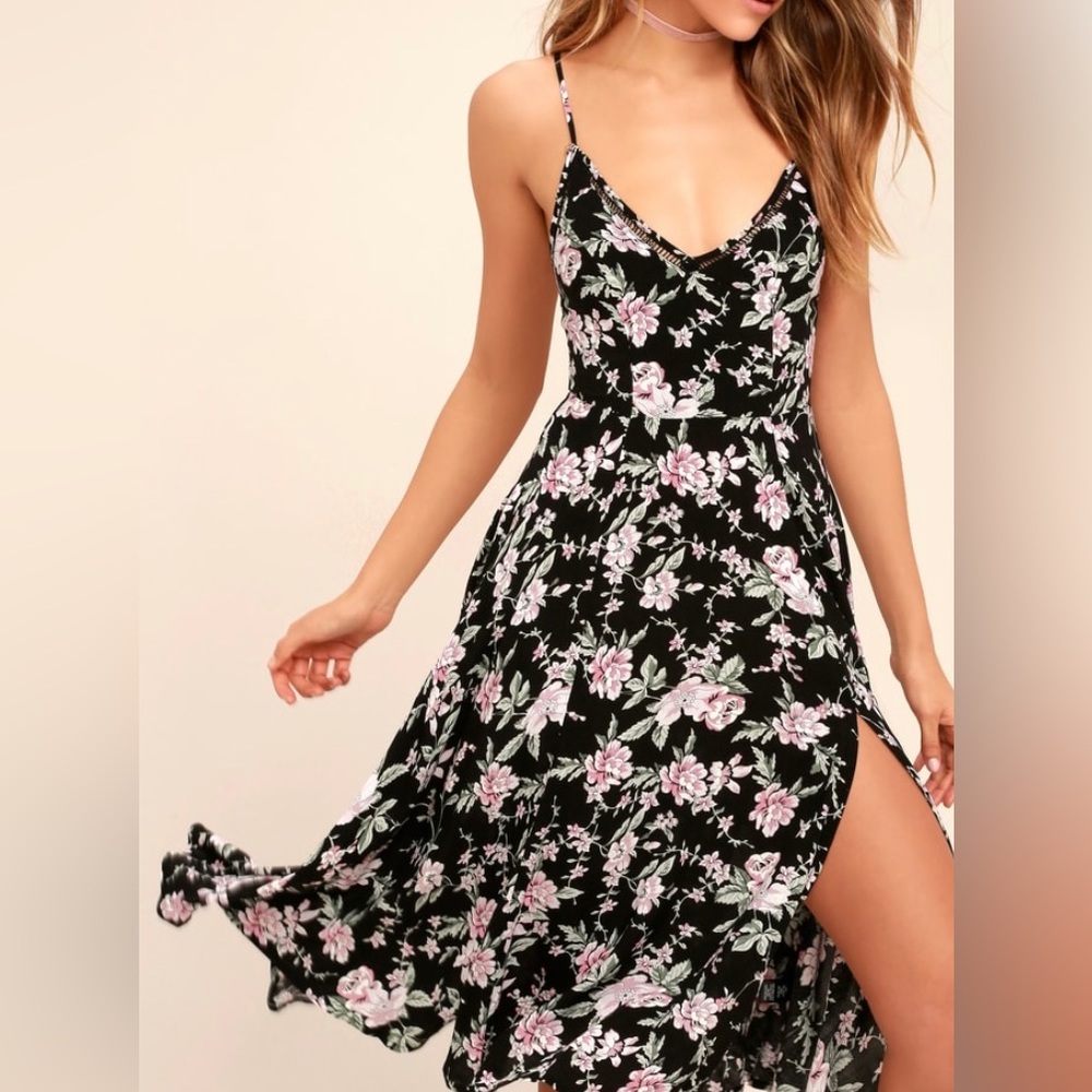 Lulus Esperanza Black Floral Print Midi Dress